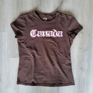 Women's L Canadian Olympics Brown T-shirt Pink Canada Decal. Hudson Bay Co HBC